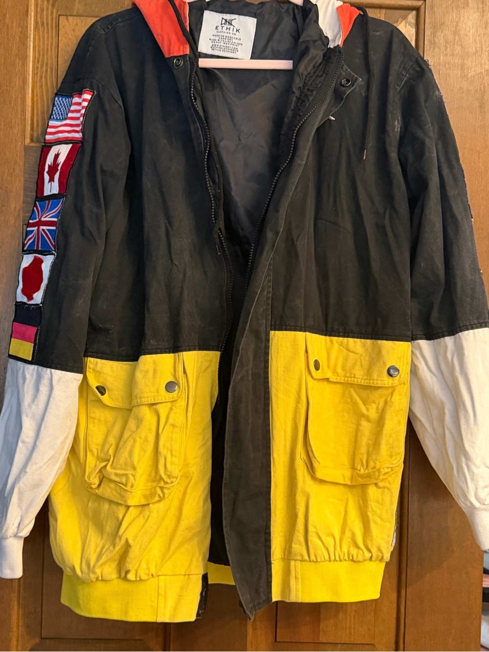 Ethik Black, Yellow & White Colorblock Hooded Windbreaker with Flag Patch Sleeve